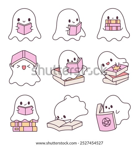 Doodle Halloween Cute Ghost Bookish With Pink Tone Set Editable Stroke Vector Illustration in Retro and Groovy Style