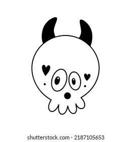 Doodle halloween cute skull with devil horns.Kid festive cartoon clipart.Outline.Sketch.Isolated on white background.
