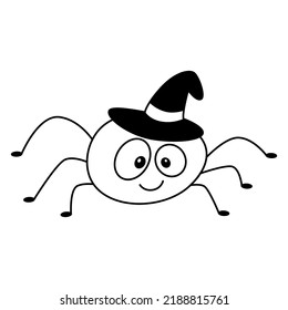 Doodle halloween cute spider with witch hat on head. Cartoon happy kind insect.Childish festive clipart.Outline.Sketch.Isolated on white background.
