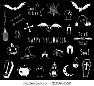 Doodle halloween elements set. Collection of hand drawn white magical items, bats clip art. Happy halloween holiday stickers