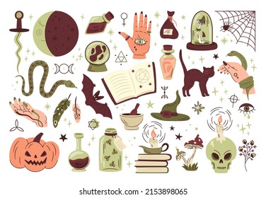 Doodle halloween elements, witchcraft, magic spiders, snake, pumpkin and knife. Halloween esoteric, alchemy boho vector symbols illustrations set. Mystical spooky stickers