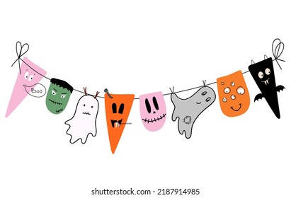 Doodle Halloween garland with different monsters.