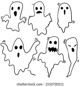 doodle Halloween ghosts with Boo scary face shape. Spooky ghost white fly fun cute evil horror silhouette for scary october holiday design or costume with cartoon style