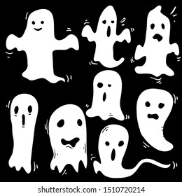 doodle Halloween ghosts with Boo scary face shape. Spooky ghost white fly fun cute evil horror silhouette for scary october holiday design or costume with cartoon style