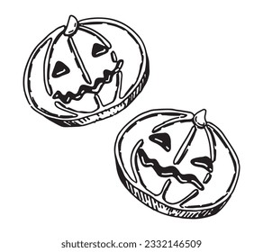 Doodle of halloween gingerbread cookies. Sketch of sweet homemade pastry. Hand drawn vector illustration. Single clip art isolated on white.