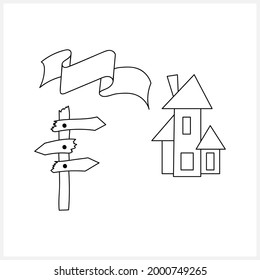 Doodle halloween house, road sign and ribbon icon isolated on white. Sketch collection. Vector stock illustration. EPS 10