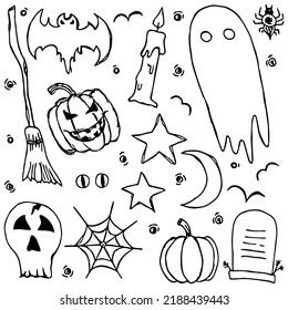 Doodle halloween icons. Black and white background with halloween icons