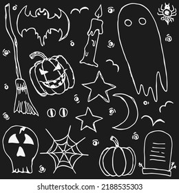 Doodle halloween icons. Black and white background with halloween icons