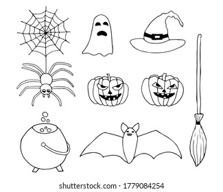 Doodle halloween icons collection in vector. Hand drawn halloween icons collection. Set of doodle halloween icons