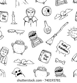 doodle halloween icons in seamless pattern with halloween character and attribute