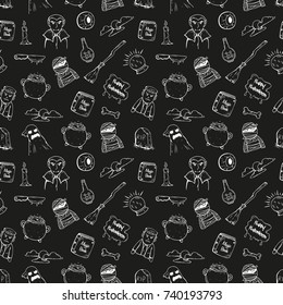 doodle halloween icons in seamless pattern with halloween character and attribute on black background