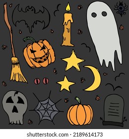 Doodle halloween icons. Halloween vector background