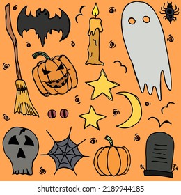 Doodle halloween icons. Halloween vector background
