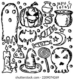 Doodle halloween icons. Halloween vector background