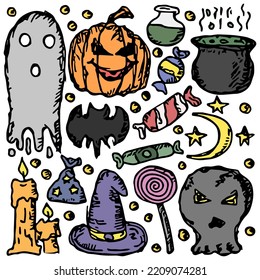 Doodle halloween icons. Halloween vector background