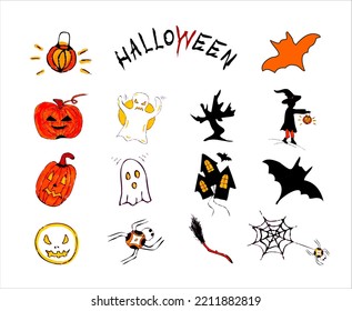 Doodle Halloween illustration Ghost moon spider cobweb scary house broom witch with lantern pumpkin tree bat