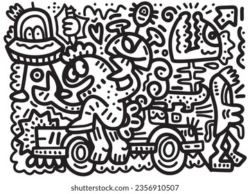 doodle with halloween party in black and white,  Halloween party coloring sheet composed of all of the above, intricate crowd scenes, and graffiti-style art ,Illustration Vector 