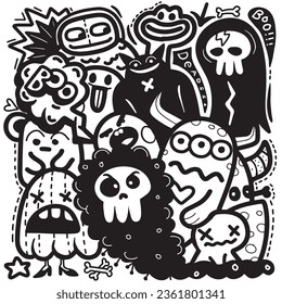 doodle with halloween party in black and white,  Halloween party coloring sheet composed of all of the above, intricate crowd scenes, and graffiti-style art ,Illustration Vector 