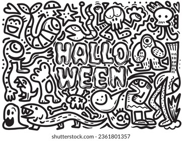doodle with halloween party in black and white,  Halloween party coloring sheet composed of all of the above, intricate crowd scenes, and graffiti-style art ,Illustration Vector 