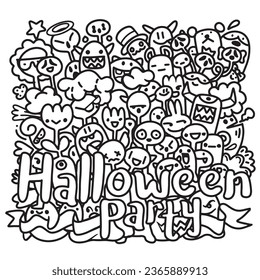 doodle with halloween party in black and white,  Halloween party coloring sheet composed of all of the above, intricate crowd scenes, and graffiti-style art ,Illustration Vector 