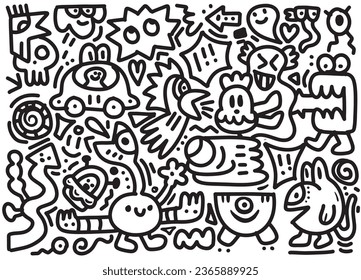 garabato con fiesta de halloween en blanco y negro, hoja de color de la fiesta de Halloween compuesta por todo lo anterior, intrincadas escenas de la multitud y arte al estilo de graffiti, vector de ilustraciones 