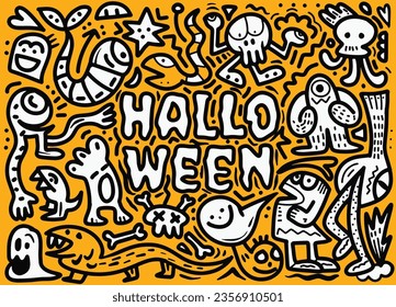 doodle with halloween party ,  Halloween party  sheet composed of all of the above, intricate crowd scenes, and graffiti style art