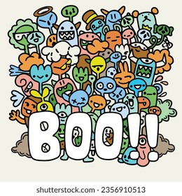 doodle with halloween party ,  Halloween party  sheet composed of all of the above, intricate crowd scenes, and graffiti style art