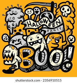 doodle with halloween party ,  Halloween party  sheet composed of all of the above, intricate crowd scenes, and graffiti style art