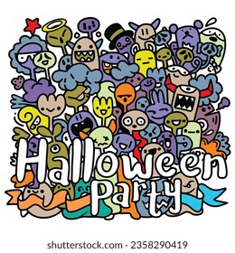 doodle with halloween party ,  Halloween party  sheet composed of all of the above, intricate crowd scenes, and graffiti style art