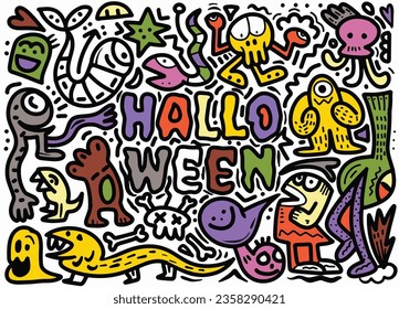 doodle with halloween party ,  Halloween party  sheet composed of all of the above, intricate crowd scenes, and graffiti style art