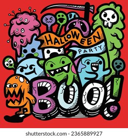 doodle with halloween party ,  Halloween party  sheet composed of all of the above, intricate crowd scenes, and graffiti style art