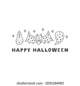 Doodle Halloween poster with lettering and butternut pumpkin, bat, ghost isolated on white background.