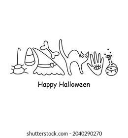 doodle Halloween poster with lettering and outline elements, bone, cat, spider, candy corn, witch hand, witch hat, bottle with poison. isolated on white background