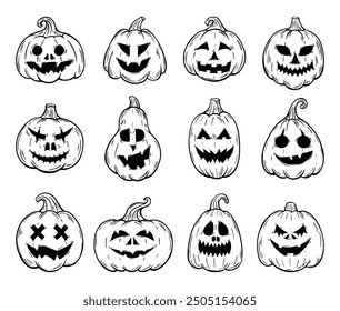 Doodle halloween pumpkins. Funny pumpkin scary faces icons. Autumn harvest party characters, cartoon monsters. Festive decorations neoteric vector set