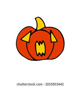 Doodle Halloween scary orange pumpkin. Funny, creepy, smiling face with fangs. Happy Halloween Holiday Symbol isolated on white background. Character sticker. Cartoon Vector Spooky Autumn Illustration