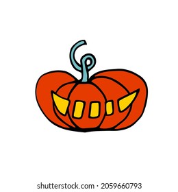Doodle Halloween scary orange pumpkin. Fun, creepy, luminous face with fangs. Happy Halloween Holiday Symbol isolated on white background. Character sticker. Cartoon Vector Spooky Autumn Illustration