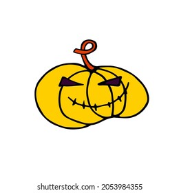 Doodle Halloween scary yellow pumpkin. Funny, creepy, smiling face with fangs. Happy Halloween Holiday Symbol isolated on white background. Character sticker. Cartoon Vector Spooky Autumn Illustration