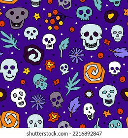 Doodle Halloween sculls, flower seamless pattern. Skeleton, plant on violet background. Hand-drawn el dia de los Muertos. Mystical character. Vector illustration for autumn holiday The day of the Dead