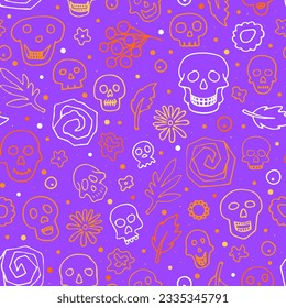 Doodle Halloween sculls, flower seamless pattern. Skeleton, plant on violet background. Hand-drawn el dia de los Muertos. Mystical character. Vector illustration for autumn holiday The day of the Dead