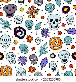 Doodle Halloween sculls, flowers seamless pattern. Skeleton, plant on white background. Hand-drawn el dia de los Muertos. Mystical character. Vector illustration for autumn holiday The day of the Dead