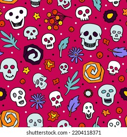 Doodle Halloween sculls, flowers seamless pattern. Skeleton, plant on pink background. Hand-drawn el dia de los Muertos. Mystical character. Vector illustration for autumn holiday The day of the Dead