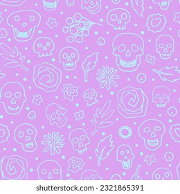 Doodle Halloween sculls, flowers seamless pattern. Skeleton, plant on lilac background. Hand-drawn el dia de los Muertos. Mystical character. Vector illustration for autumn holiday The day of the Dead