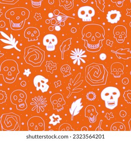 Doodle Halloween sculls, flowers seamless pattern. Skeleton, plant on orange background. Hand-drawn el dia de los Muertos. Mystical character. Vector illustration for autumn holiday, Day of death