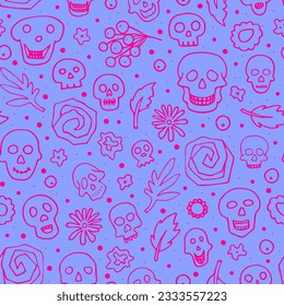 Doodle Halloween sculls, flowers seamless pattern. Skeleton, plant on lilac background. Hand-drawn el dia de los Muertos. Mystical character. Vector illustration for autumn holiday The day of the Dead