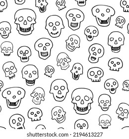 Doodle Halloween sculls seamless pattern. Outline Skeleton on white background. Hand-drawn scary cranium. Mystical sketch character. Vector illustration for spooky autumn holiday, The day of the Dead