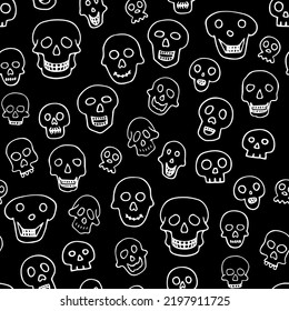 Doodle Halloween sculls seamless pattern. Outline Skeleton on black background. Hand-drawn scary cranium. Mystical sketch character. Vector illustration for spooky autumn holiday, The day of the Dead