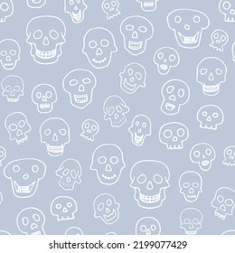 Doodle Halloween sculls seamless pattern. Outline Skeleton on blue background. Hand-drawn scary cranium. Mystical sketch character. Vector illustration for spooky autumn holiday, The day of the Dead