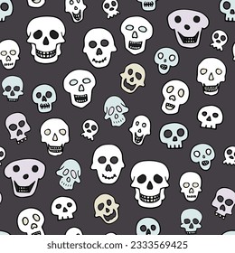 Doodle Halloween sculls seamless pattern. Color Skeleton on grey background. Hand-drawn scary cranium. Mystical sketch character. Vector illustration for spooky autumn holiday, The day of the Dead