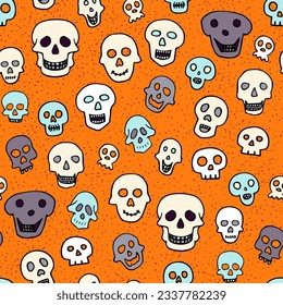 Doodle Halloween sculls seamless pattern. Skeleton on orange texture background. Hand-drawn scary cranium. Mystical sketch character. Vector illustration for spooky autumn holiday, The day of the Dead