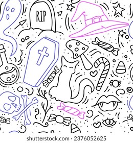 Doodle Halloween seamless pattern. cat, witch hat, ghost, vampire lips, grave, scull. Occult stuff for fall celebration.